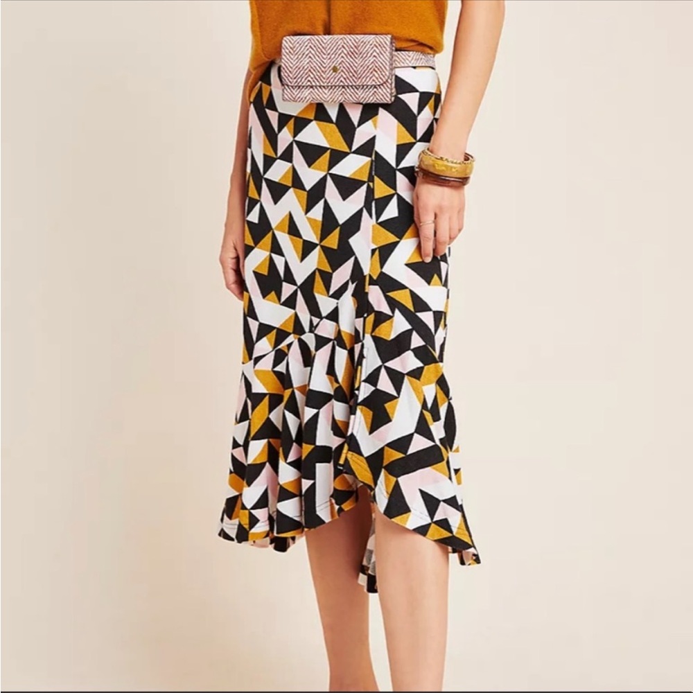Anthropologie Maeve Tanya Geometric Knit Midi Skirt Ruffle Pink Black Gold Sz XS